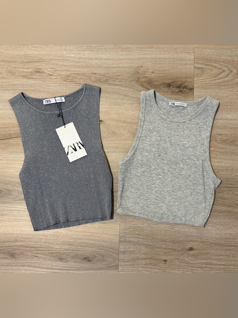 Zara Women's Ribbed Tank Tops - Gray & Metallic Silver